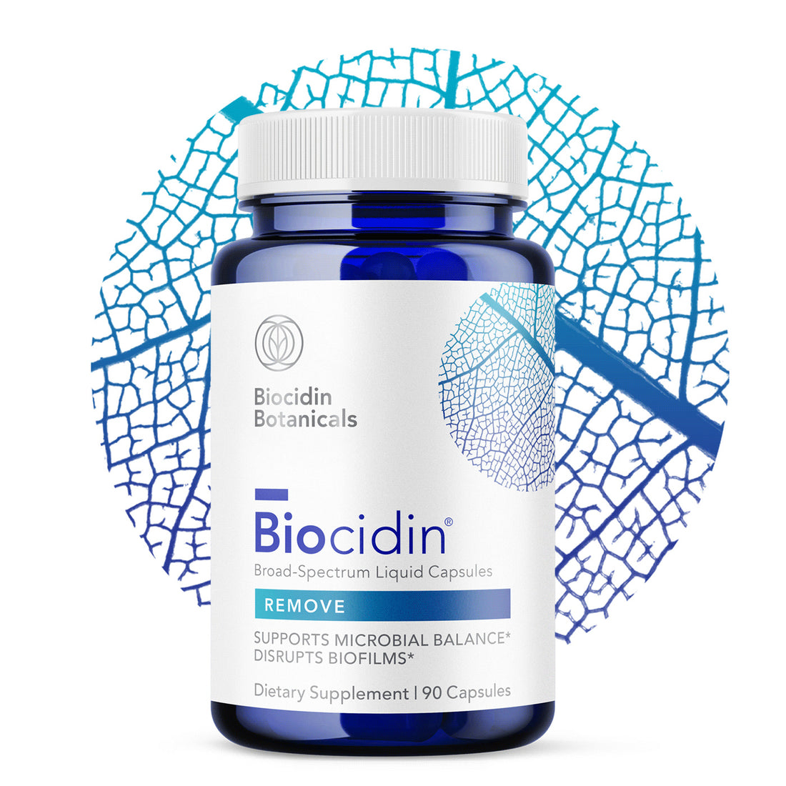 Biocidin® Broad-Spectrum Liquid Capsules with 18 organic botanical extracts for gut health support, detoxification, and improved vitality, featuring a label design showcasing key benefits.