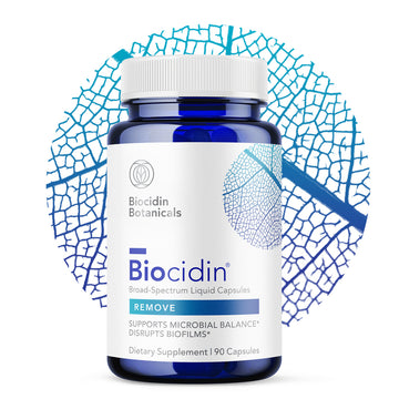 Biocidin® Broad-Spectrum Liquid Capsules with 18 organic botanical extracts for gut health support, detoxification, and improved vitality, featuring a label design showcasing key benefits.