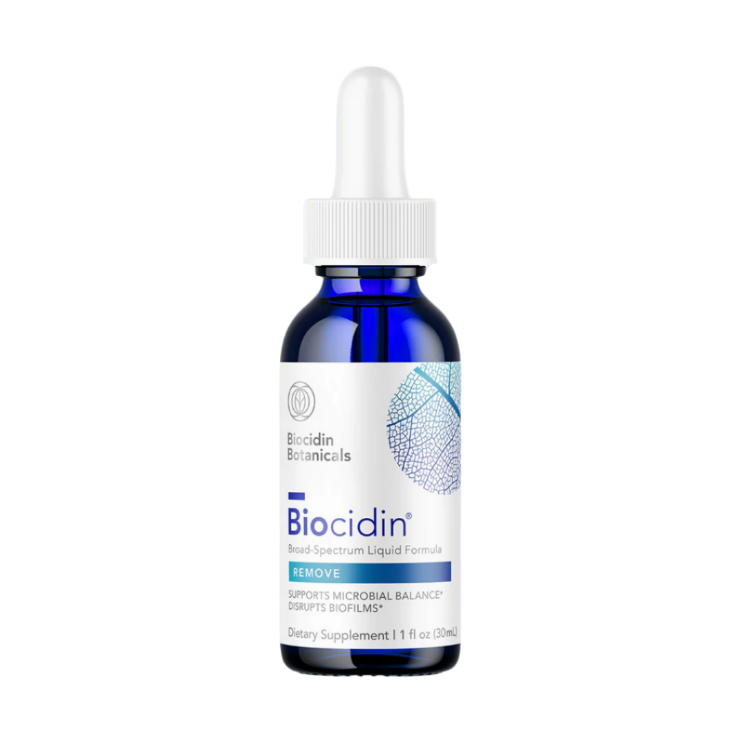 Biocidin 1oz liquid bottle, a powerful herbal formula for immune support and gut health.