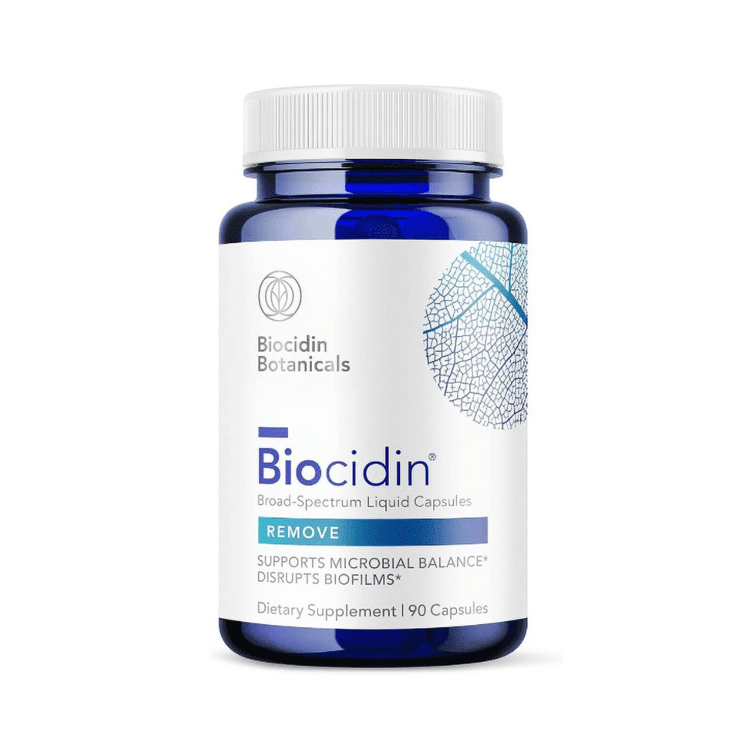 Biocidin® Broad-Spectrum Liquid Capsules with 18 organic botanical extracts for gut health support, detoxification, and improved vitality, featuring a label design showcasing key benefits.