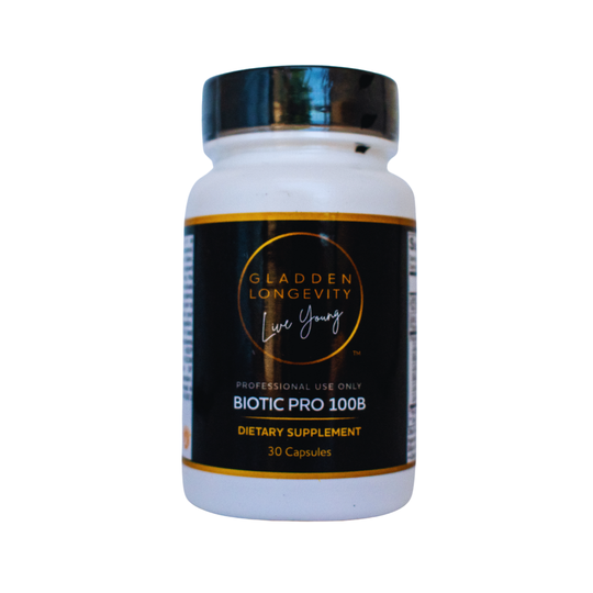 Biotic Pro 100B probiotic supplement bottle, containing 100 billion CFUs for digestive health, immune support, and gut balance.