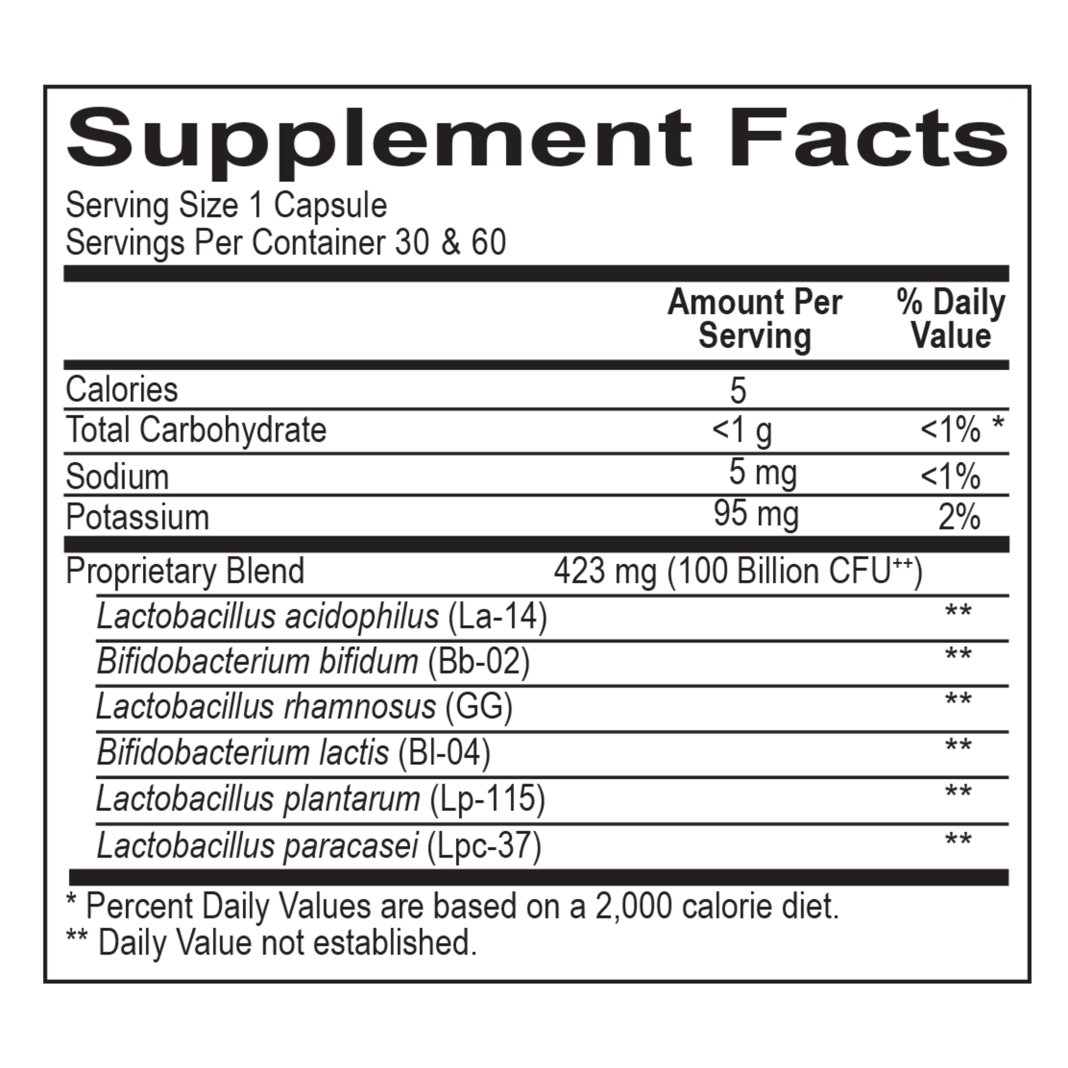 Supplement facts for Biotic Pro 100B, featuring a potent probiotic blend with 100 billion CFUs for enhanced digestion and immune function.