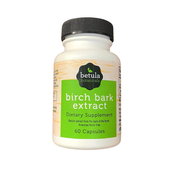Betula Botanicals Birch Bark Extract capsules. 60 count bottle containing natural Betulin, Betulinic Acid, and Lupeol for plant-based wellness and antioxidant support.