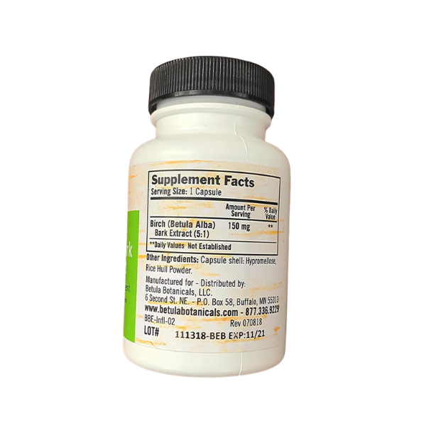 Betula Botanicals Birch Bark Extract capsules. 60 count bottle containing natural Betulin, Betulinic Acid, and Lupeol for plant-based wellness and antioxidant support.