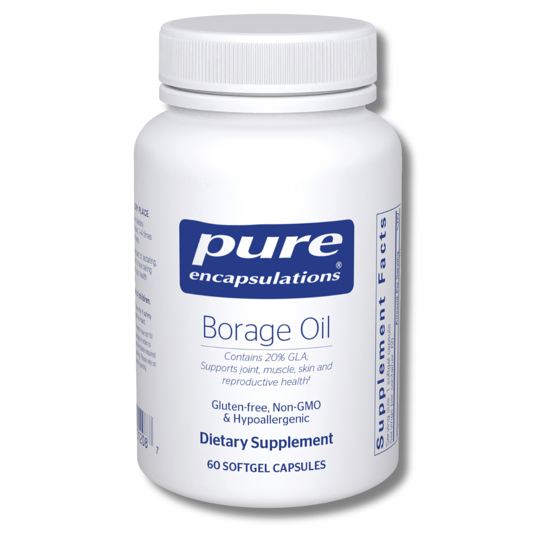 Borage oil bottle, rich in essential fatty acids for skin and joint health.