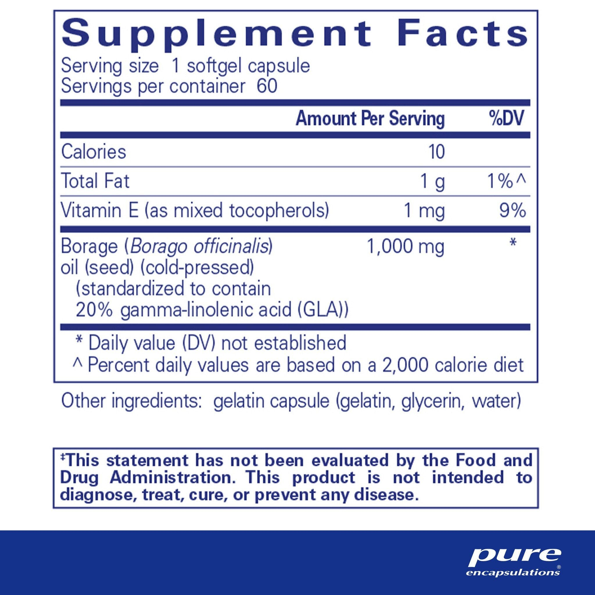 Supplement facts for Borage oil, packed with GLA for supporting skin hydration and overall wellness.