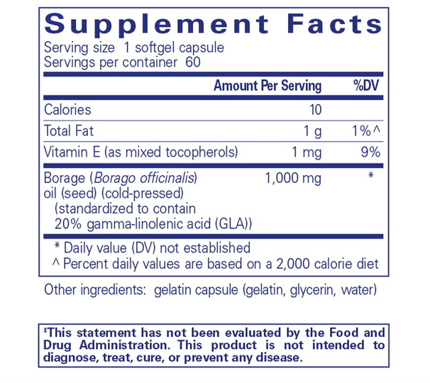 Supplement facts for Borage oil, packed with GLA for supporting skin hydration and overall wellness.