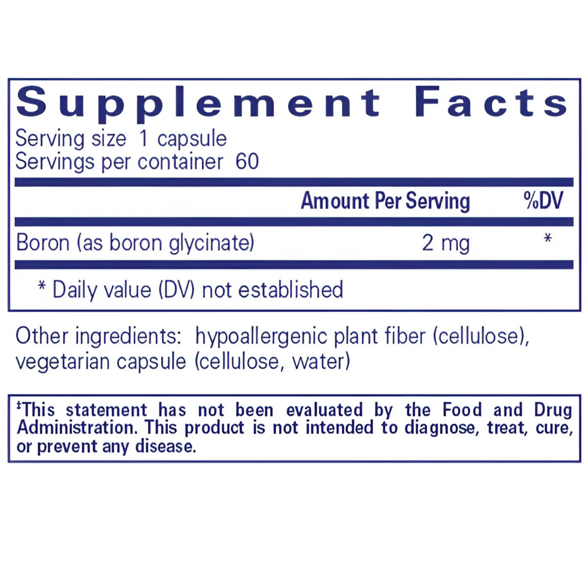 Supplement facts for Boron 2 mg, featuring key nutrients to promote bone strength, support hormonal health, and enhance cognitive function.