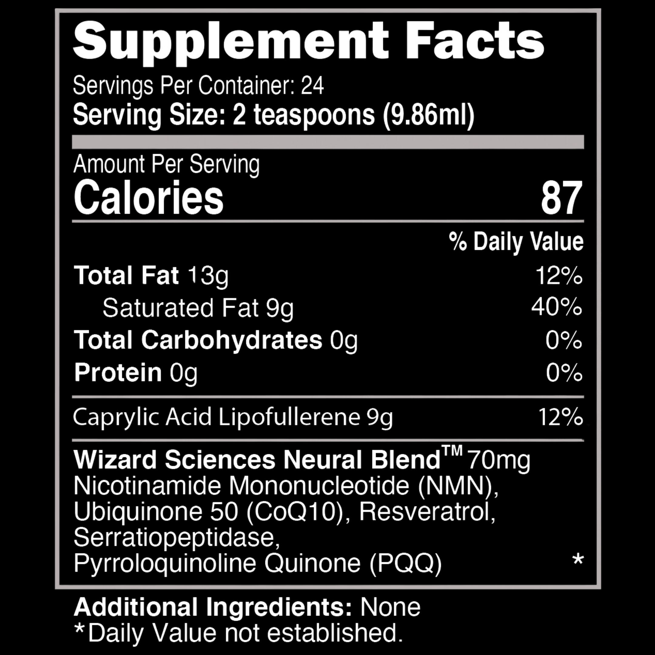 Supplement facts for Brain Juice, featuring ingredients that support brain health, memory, concentration, and overall cognitive function.