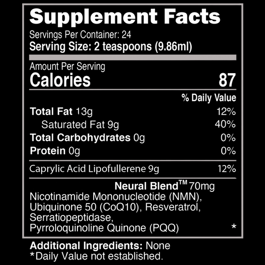 Supplement facts for Brain Juice, featuring ingredients that support brain health, memory, concentration, and overall cognitive function.