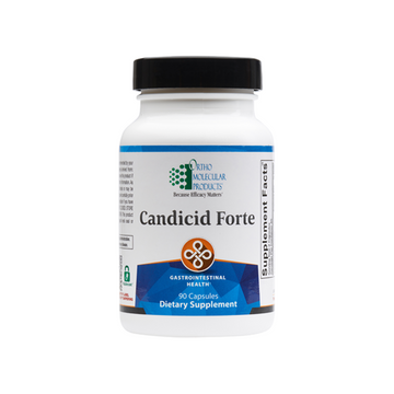 Container of Candicid Forte capsules, a dietary supplement formulated with biotin, sodium caprylate, and various botanical extracts like oregano and ginger to support gastrointestinal health and maintain microbial balance.