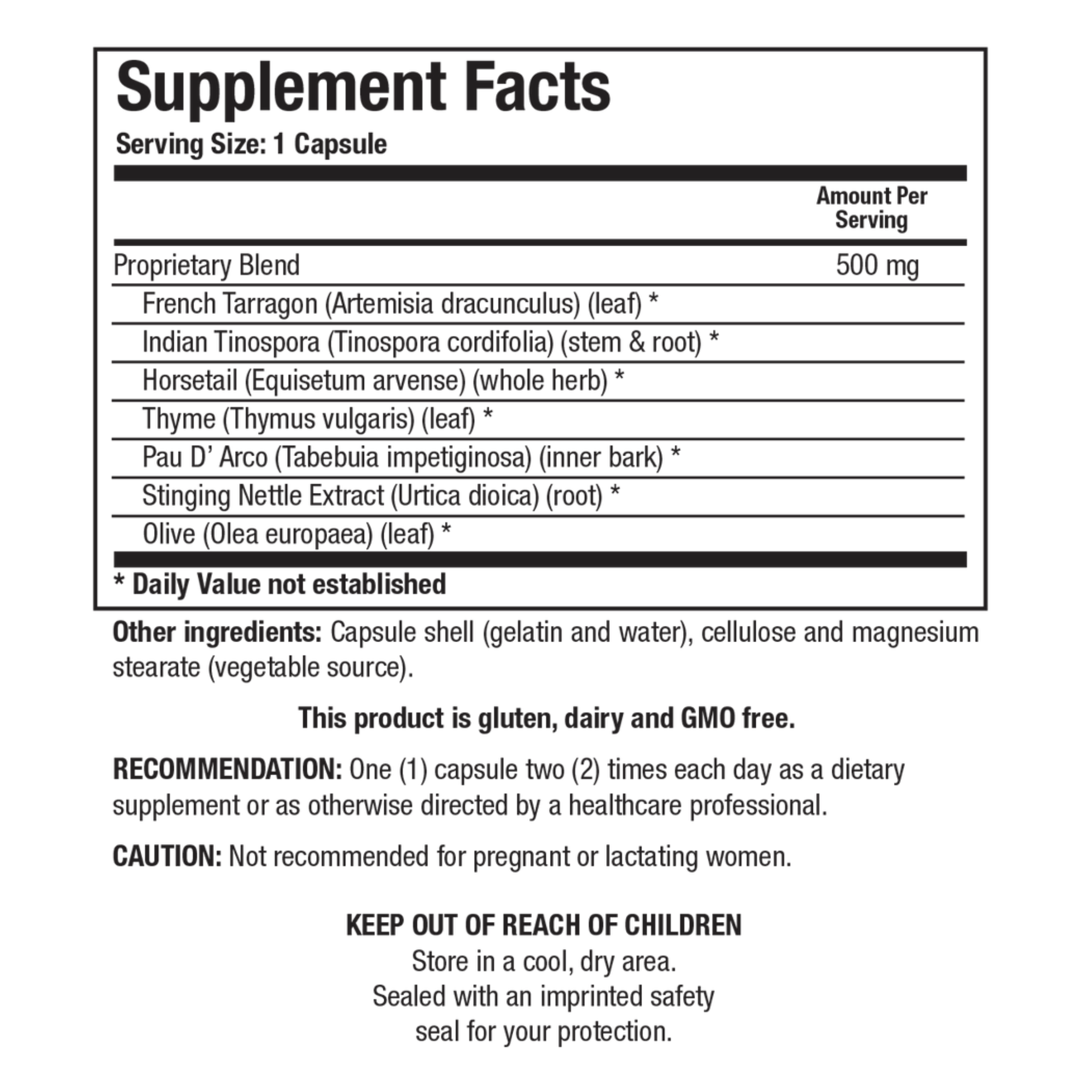 Supplement facts for Candida Clear, featuring a blend of herbal extracts and probiotics to support digestive health and maintain healthy yeast balance.