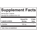 Supplement facts for Carnitine Pro, featuring L-carnitine and key ingredients to enhance fat burning, energy levels, and athletic performance.