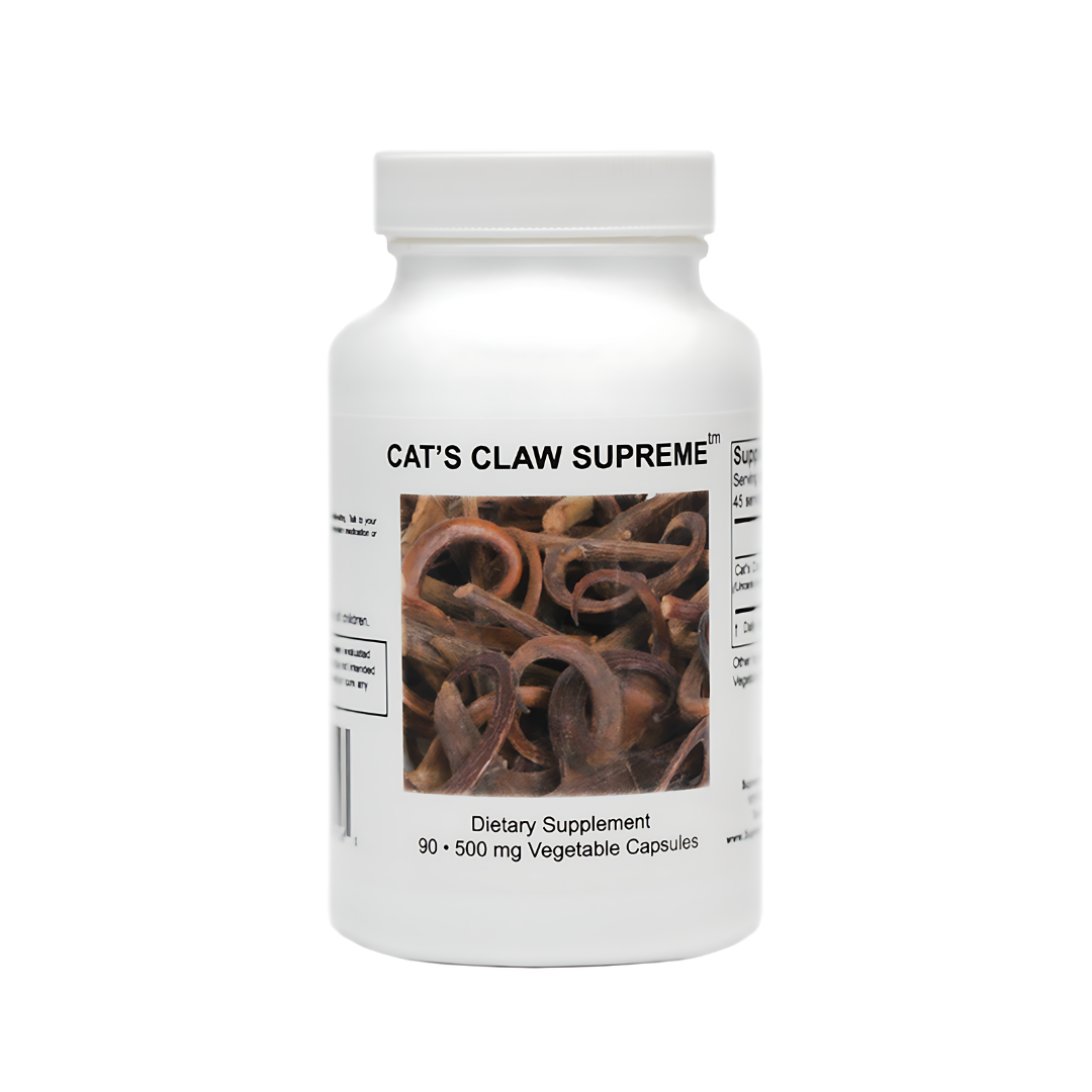 Bottle of Cat's Claw Supreme™ containing 90 veggie capsules, each with 500 mg of Uncaria tomentosa. This herbal supplement is designed to support antimicrobial and anti-inflammatory health, particularly beneficial for conditions like Lyme disease, high blood pressure, and inflammation. Free from fillers, binders, and excipients.