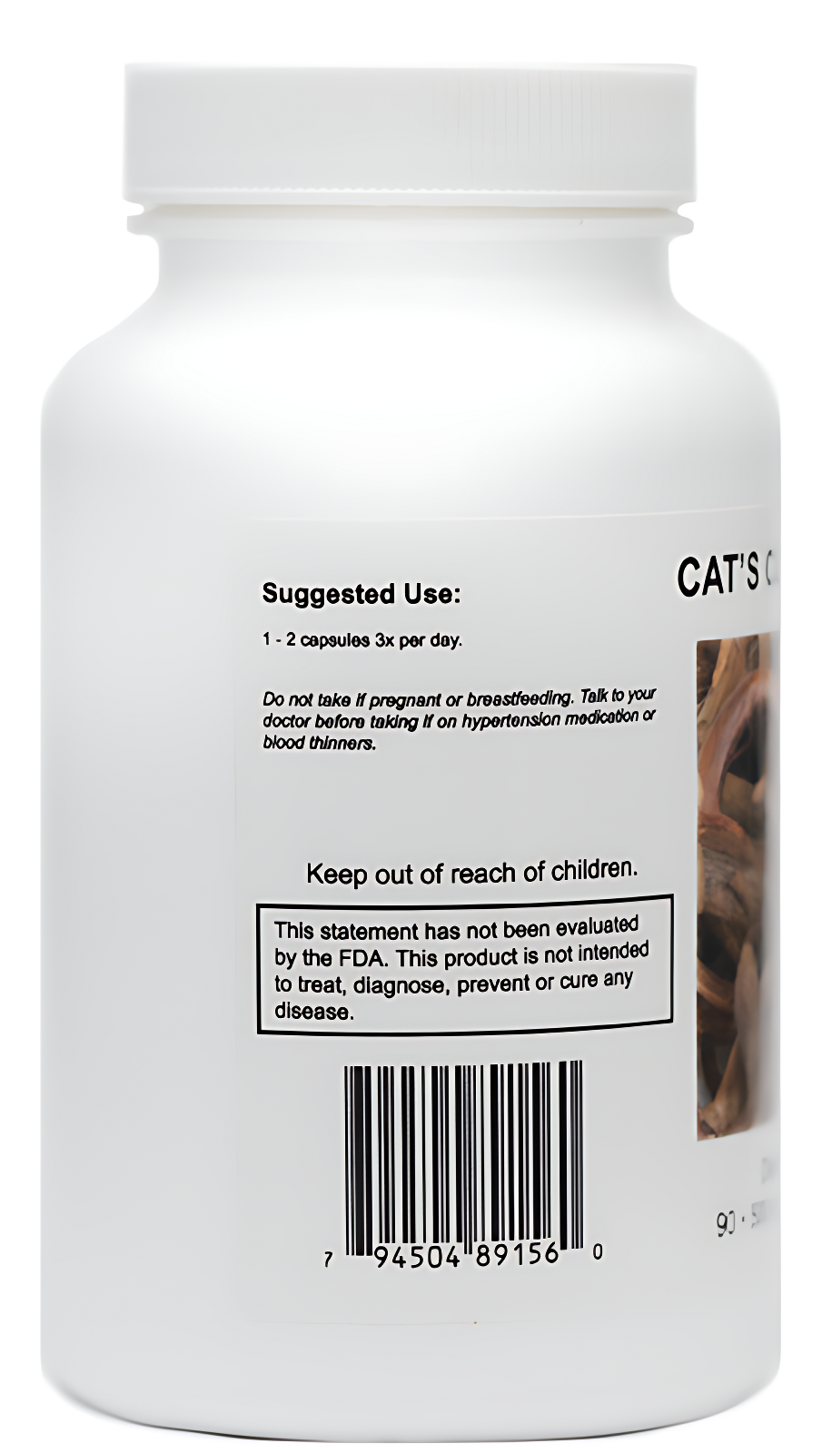 Bottle of Cat's Claw Supreme™ containing 90 veggie capsules, each with 500 mg of Uncaria tomentosa. This herbal supplement is designed to support antimicrobial and anti-inflammatory health, particularly beneficial for conditions like Lyme disease, high blood pressure, and inflammation. Free from fillers, binders, and excipients.