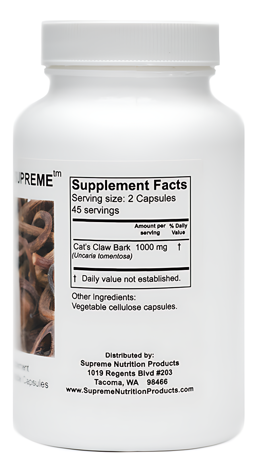 Bottle of Cat's Claw Supreme™ containing 90 veggie capsules, each with 500 mg of Uncaria tomentosa. This herbal supplement is designed to support antimicrobial and anti-inflammatory health, particularly beneficial for conditions like Lyme disease, high blood pressure, and inflammation. Free from fillers, binders, and excipients.