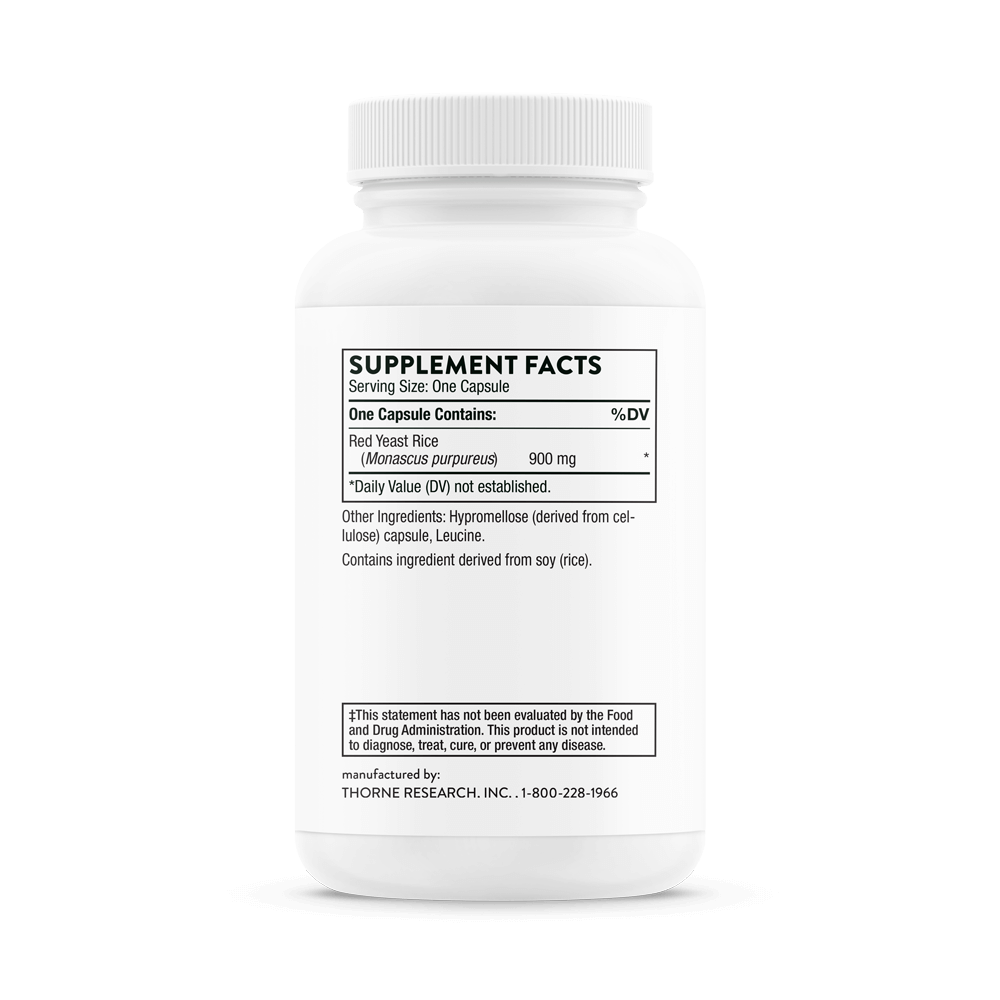 Choleast-900 dietary supplement bottle containing 120 capsules, each providing 900 mg of red yeast rice. This formula supports healthy lipid levels and cardiovascular health through naturally occurring monacolins, phytosterols, and isoflavones. Includes a warning for individuals with soy allergies and cautions for pregnant or nursing women.