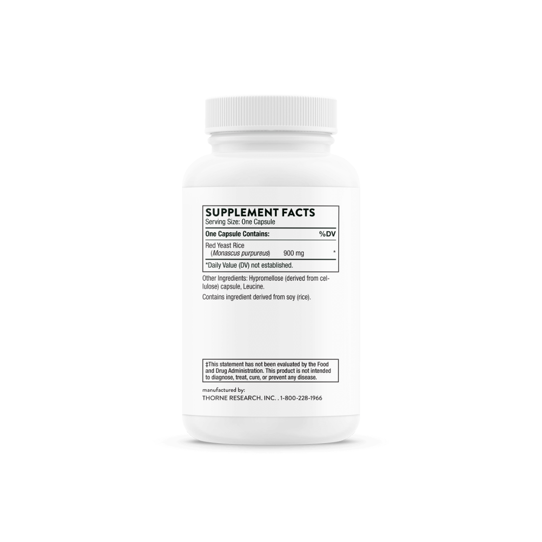 Choleast-900 dietary supplement bottle containing 120 capsules, each providing 900 mg of red yeast rice. This formula supports healthy lipid levels and cardiovascular health through naturally occurring monacolins, phytosterols, and isoflavones. Includes a warning for individuals with soy allergies and cautions for pregnant or nursing women.