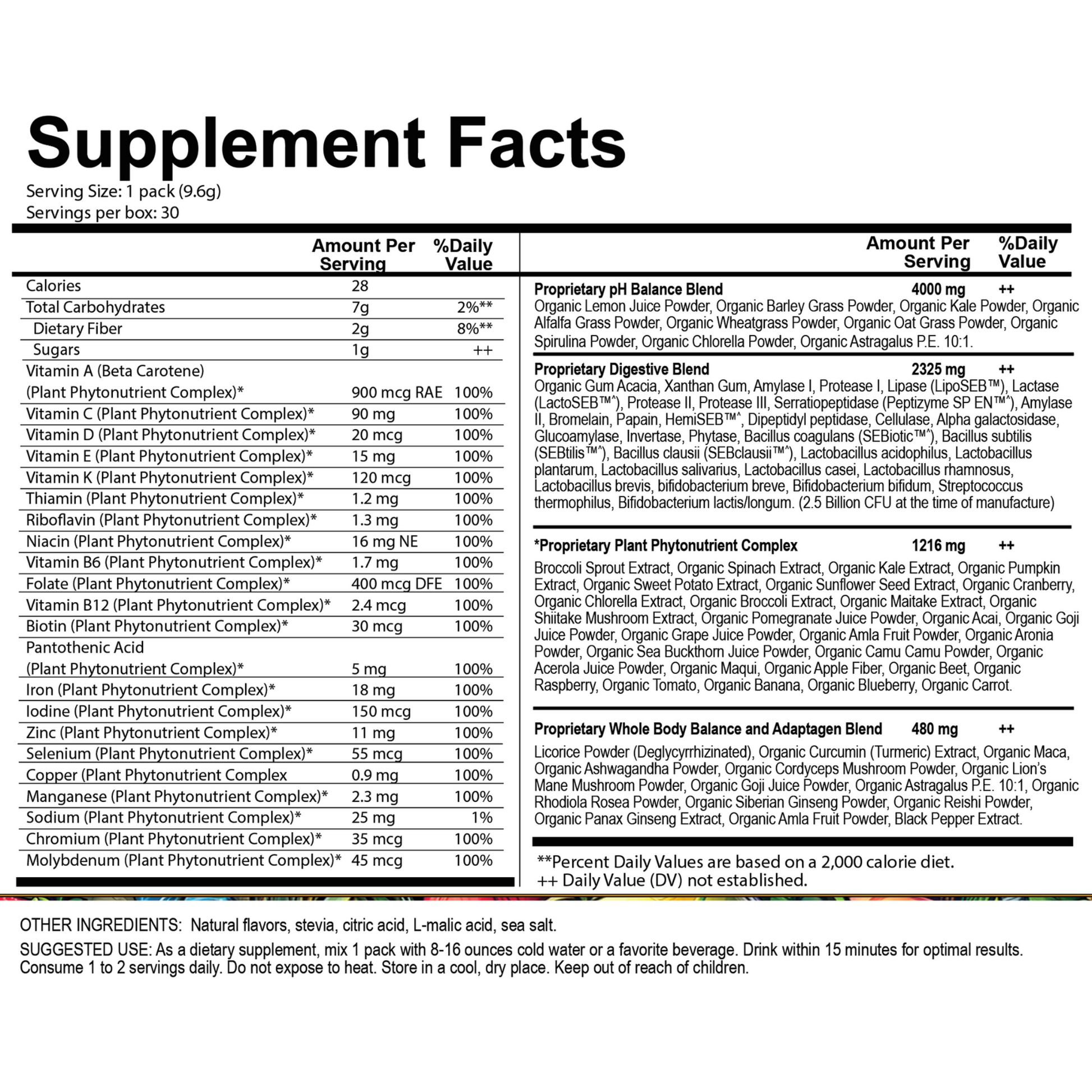 Supplement facts for Complete Essentials 30-pack, featuring a blend of vitamins, minerals, and nutrients for daily support.