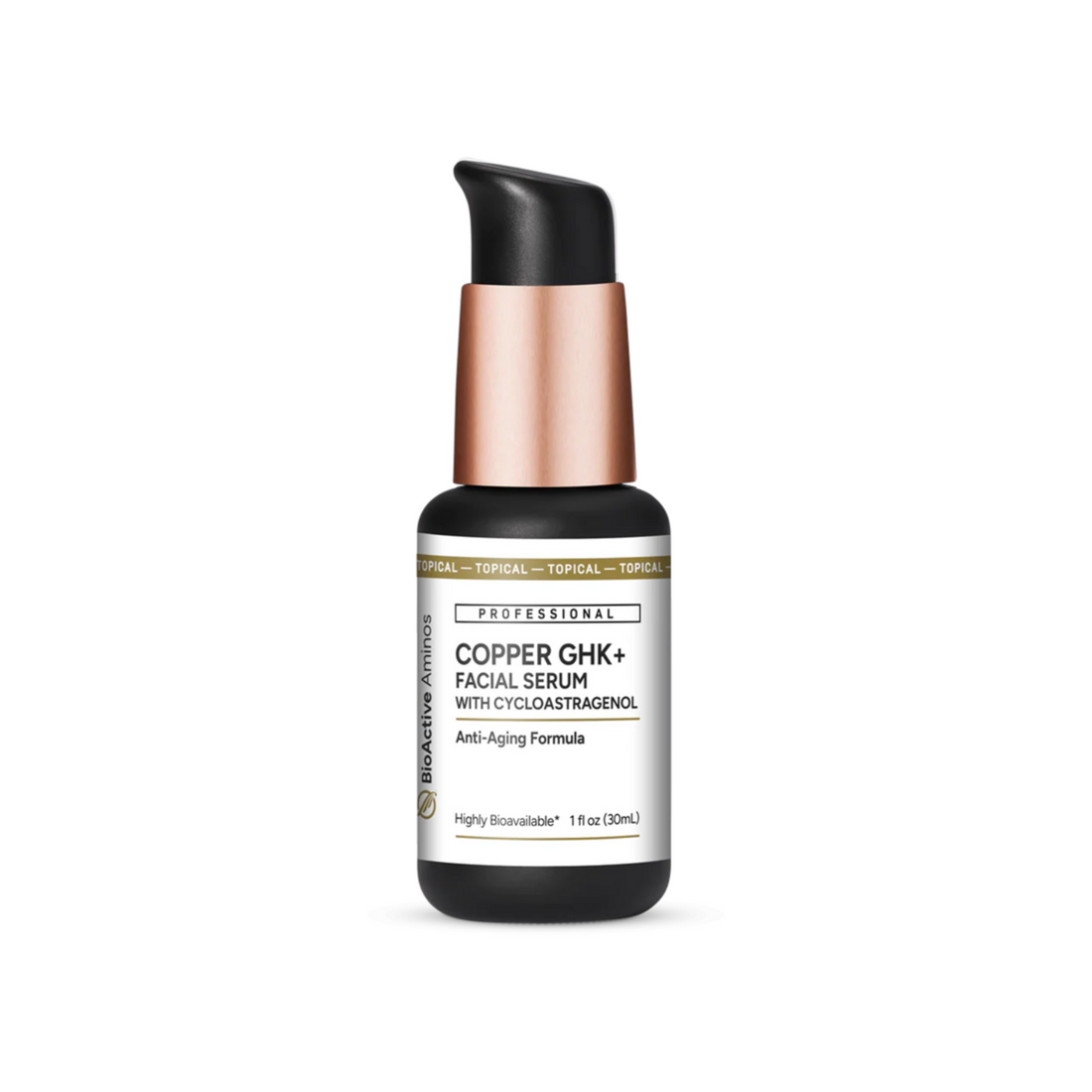 Copper GHK+ Facial Serum with Cycloastragenol in nanoemulsified formula with GHK-Cu, vitamin C, bakuchiol, hyaluronic acid, and Curcumin C3 Reduct® for radiant, age-defying skin.