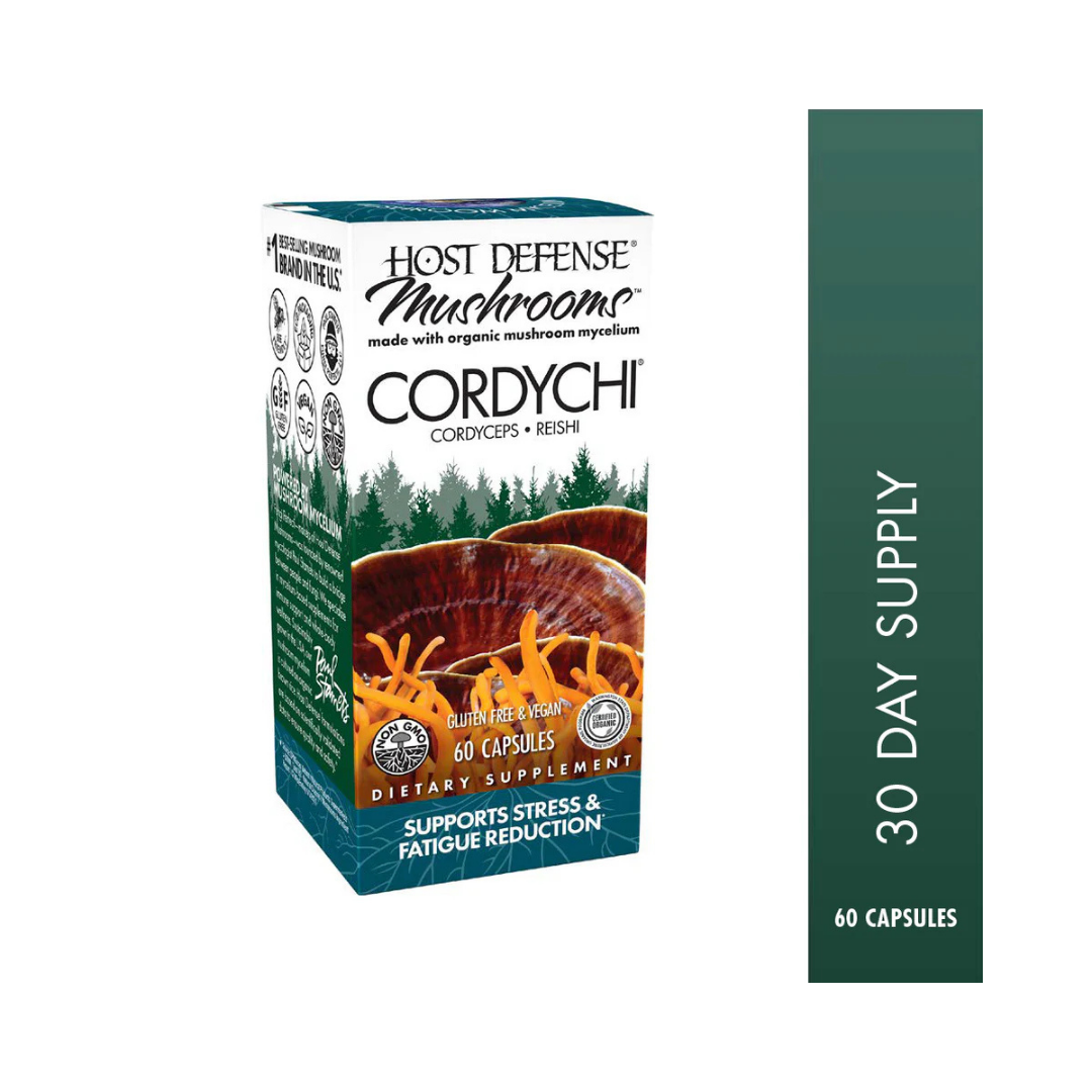 CordyChi® dietary supplement capsules featuring a blend of Cordyceps and Reishi mushrooms. Designed for adults with active lifestyles, this supplement supports energy levels, stress reduction, cardiovascular health, and immune response. 