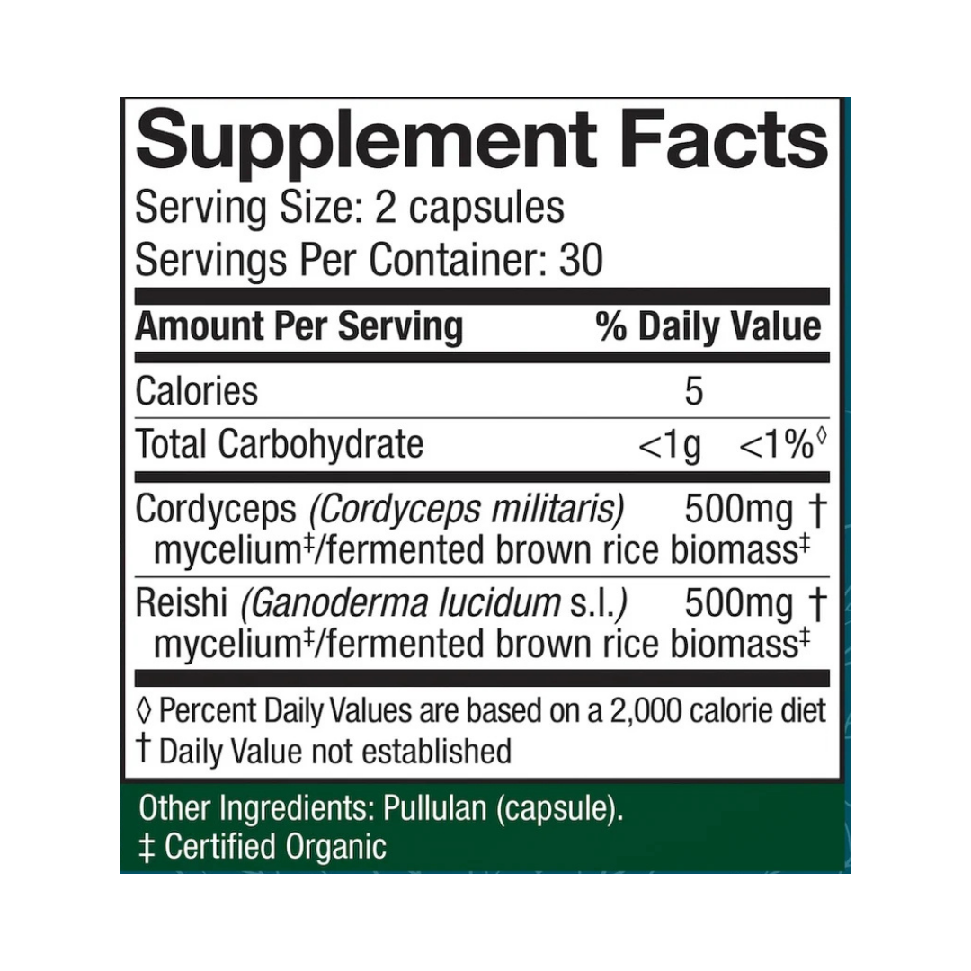 CordyChi® dietary supplement capsules featuring a blend of Cordyceps and Reishi mushrooms. Designed for adults with active lifestyles, this supplement supports energy levels, stress reduction, cardiovascular health, and immune response. 