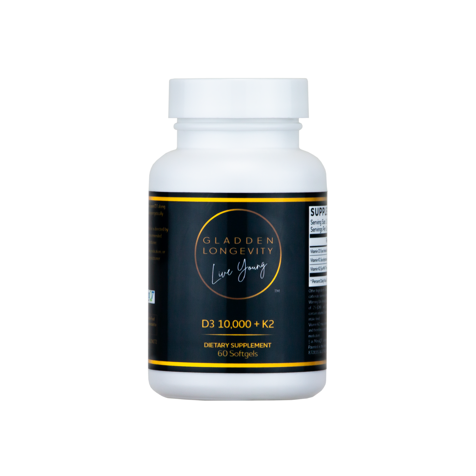 D3 10,000 + K2 supplement bottle, combining high-dose Vitamin D3 with Vitamin K2 to support bone health, immune function, and cardiovascular health.