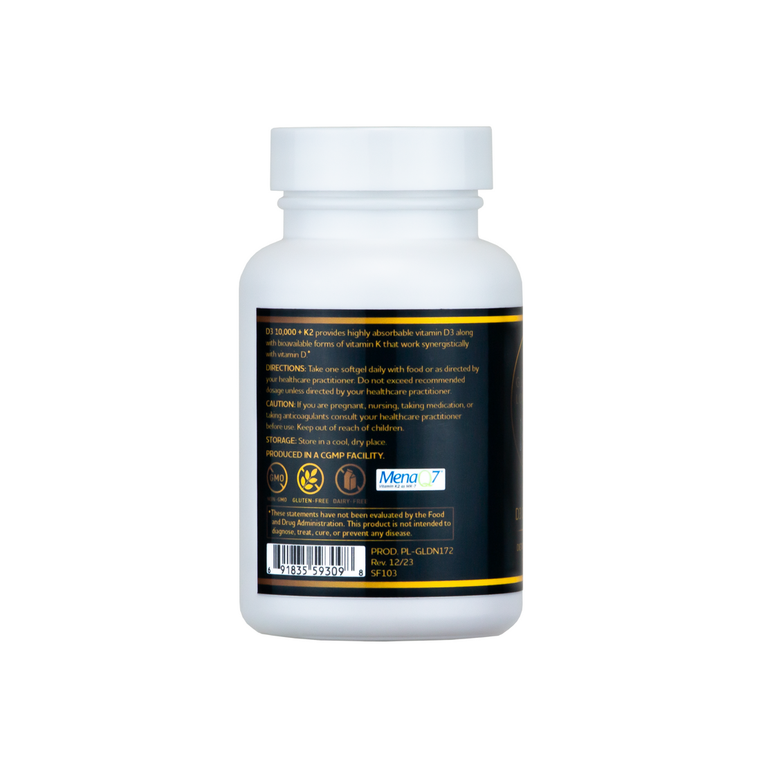 D3 10,000 + K2 supplement bottle, combining high-dose Vitamin D3 with Vitamin K2 to support bone health, immune function, and cardiovascular health.