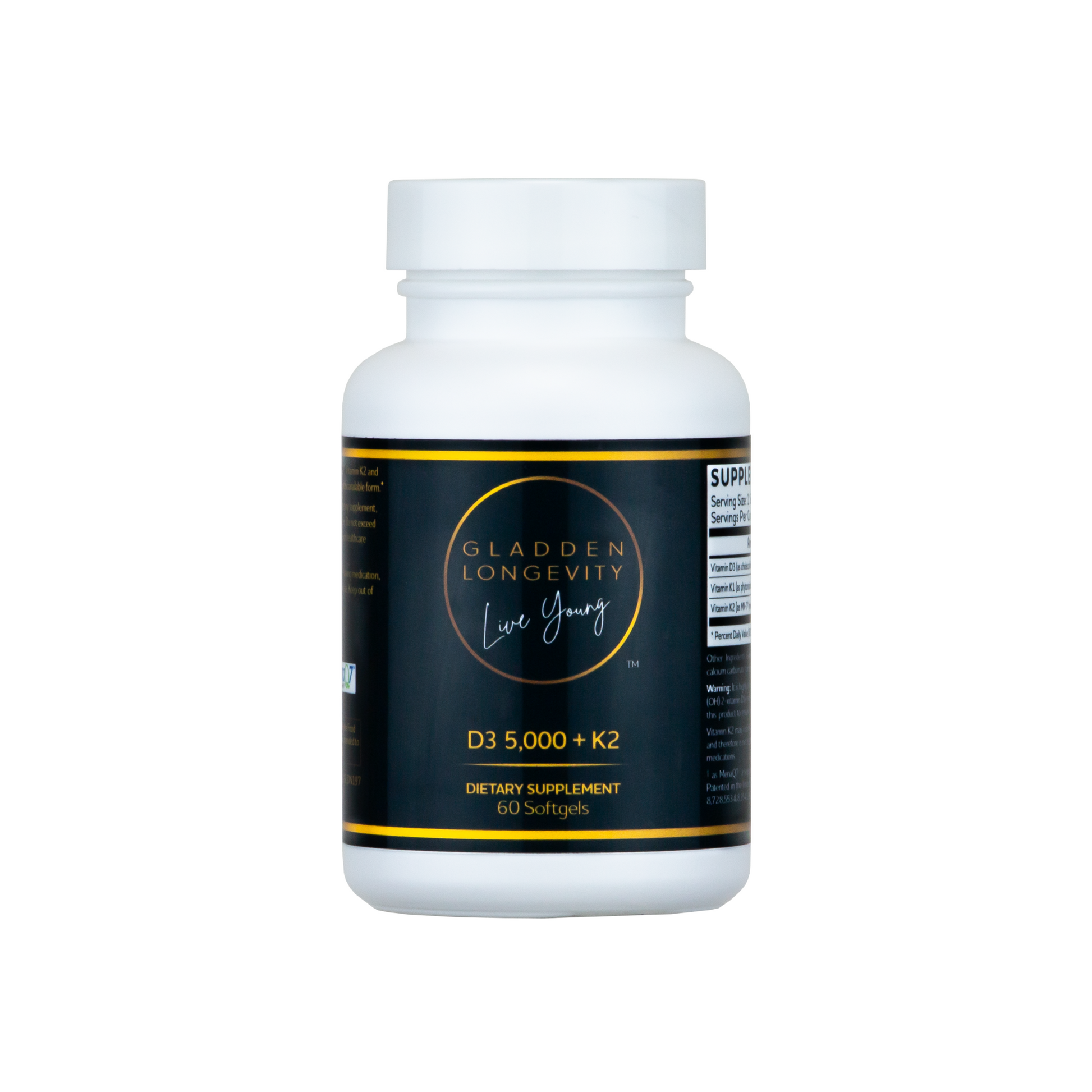 D3 5,000 + K2 supplement bottle, featuring 5,000 IU of Vitamin D3 combined with Vitamin K2 to support bone health, immune function, and cardiovascular wellness.