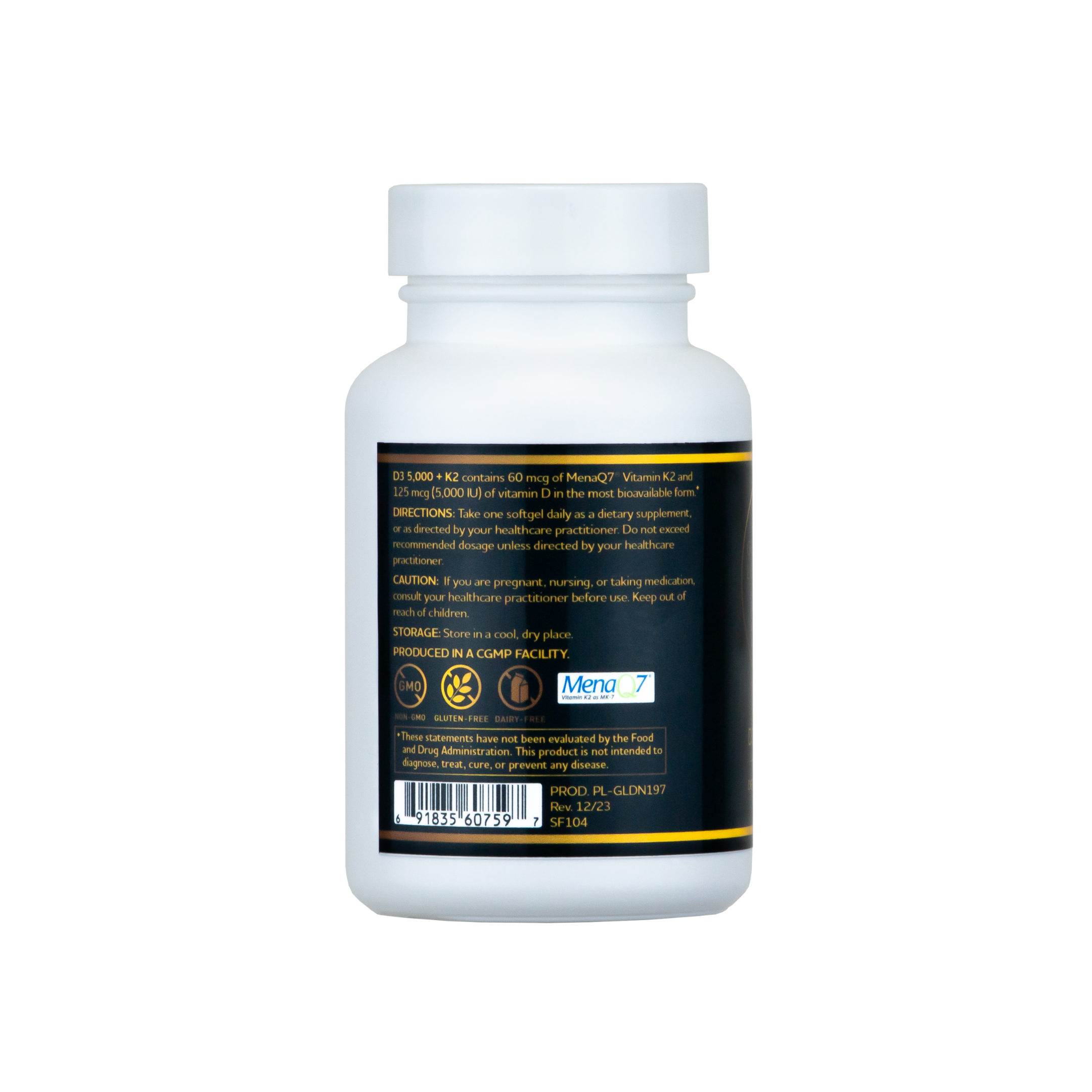 D3 5,000 + K2 supplement bottle, featuring 5,000 IU of Vitamin D3 combined with Vitamin K2 to support bone health, immune function, and cardiovascular wellness.