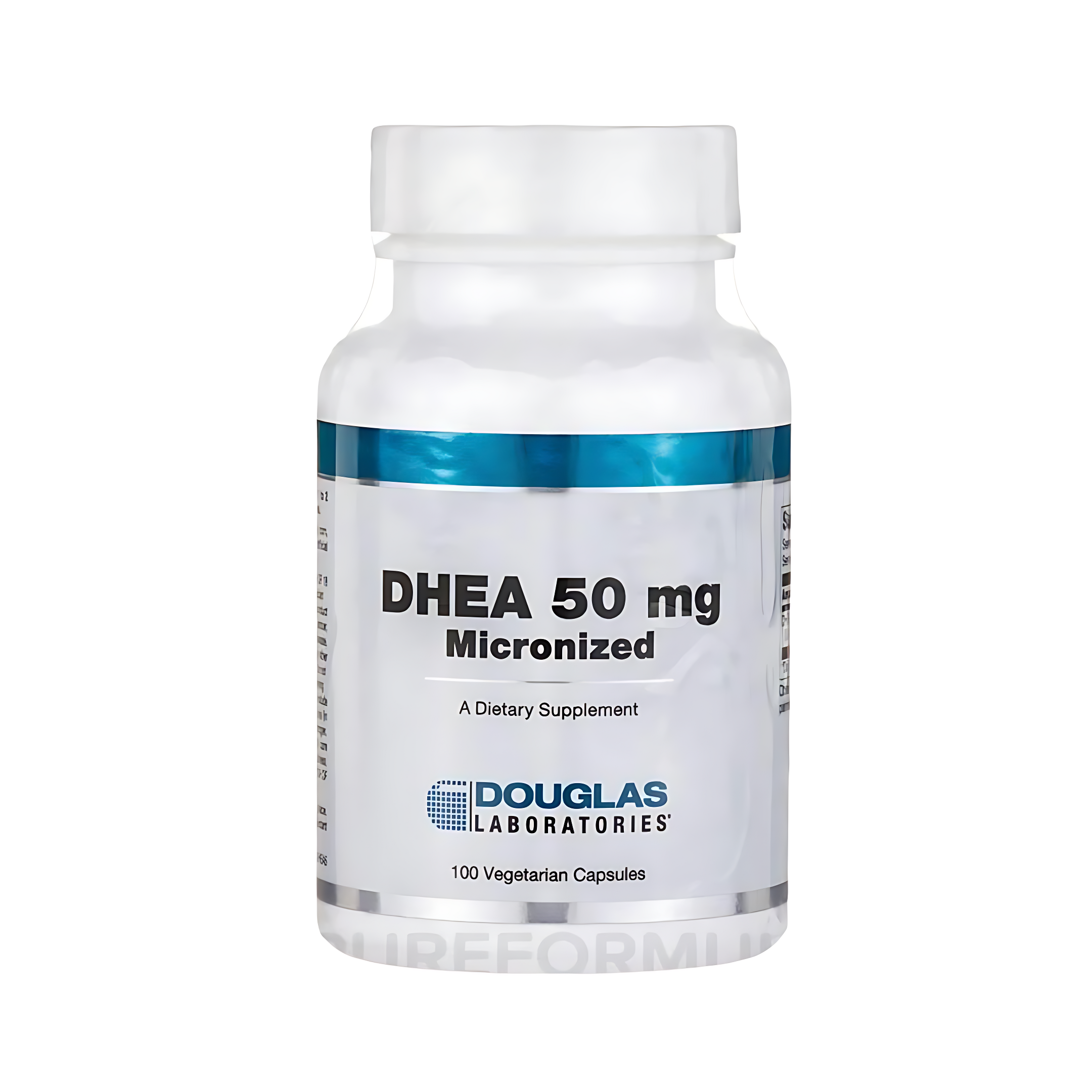 DHEA micronized capsules for supporting healthy hormone levels, produced under GMP standards. Contains 50 mg of high-purity DHEA per capsule, with vegan ingredients including microcrystalline cellulose and rice hulls. 