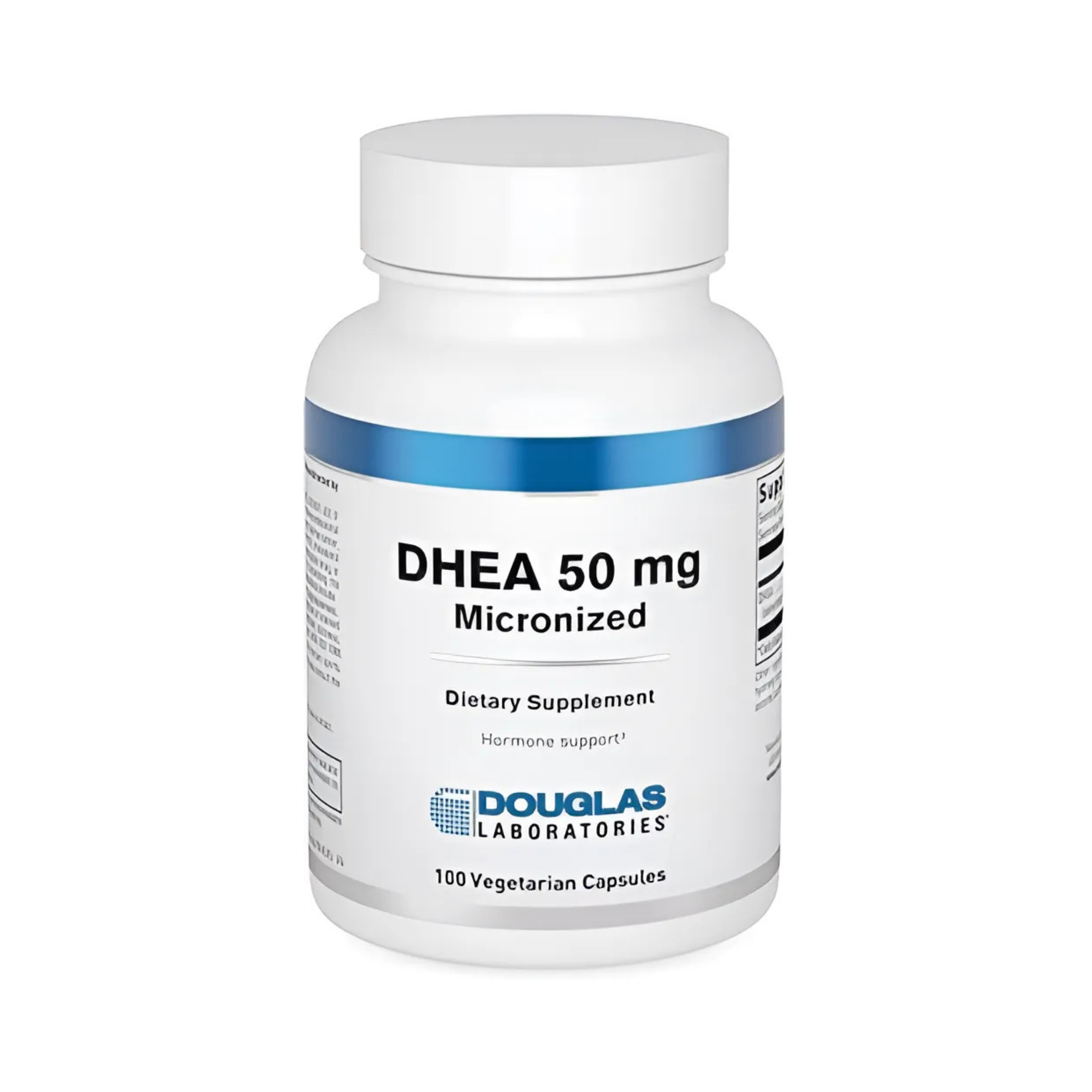 DHEA micronized capsules for supporting healthy hormone levels, produced under GMP standards. Contains 50 mg of high-purity DHEA per capsule, with vegan ingredients including microcrystalline cellulose and rice hulls. 