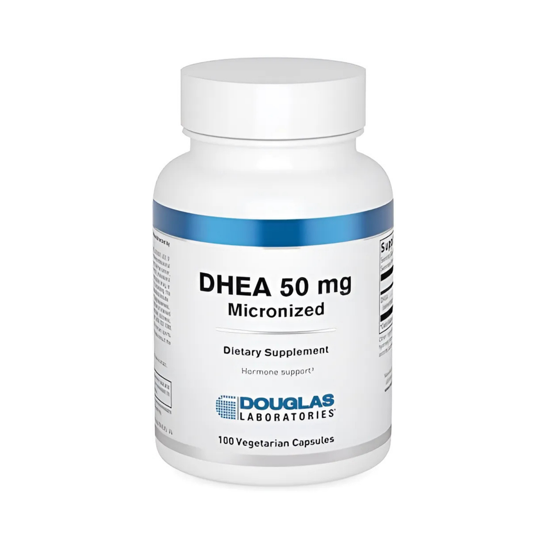 DHEA micronized capsules for supporting healthy hormone levels, produced under GMP standards. Contains 50 mg of high-purity DHEA per capsule, with vegan ingredients including microcrystalline cellulose and rice hulls. 
