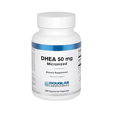 DHEA micronized capsules for supporting healthy hormone levels, produced under GMP standards. Contains 50 mg of high-purity DHEA per capsule, with vegan ingredients including microcrystalline cellulose and rice hulls. 