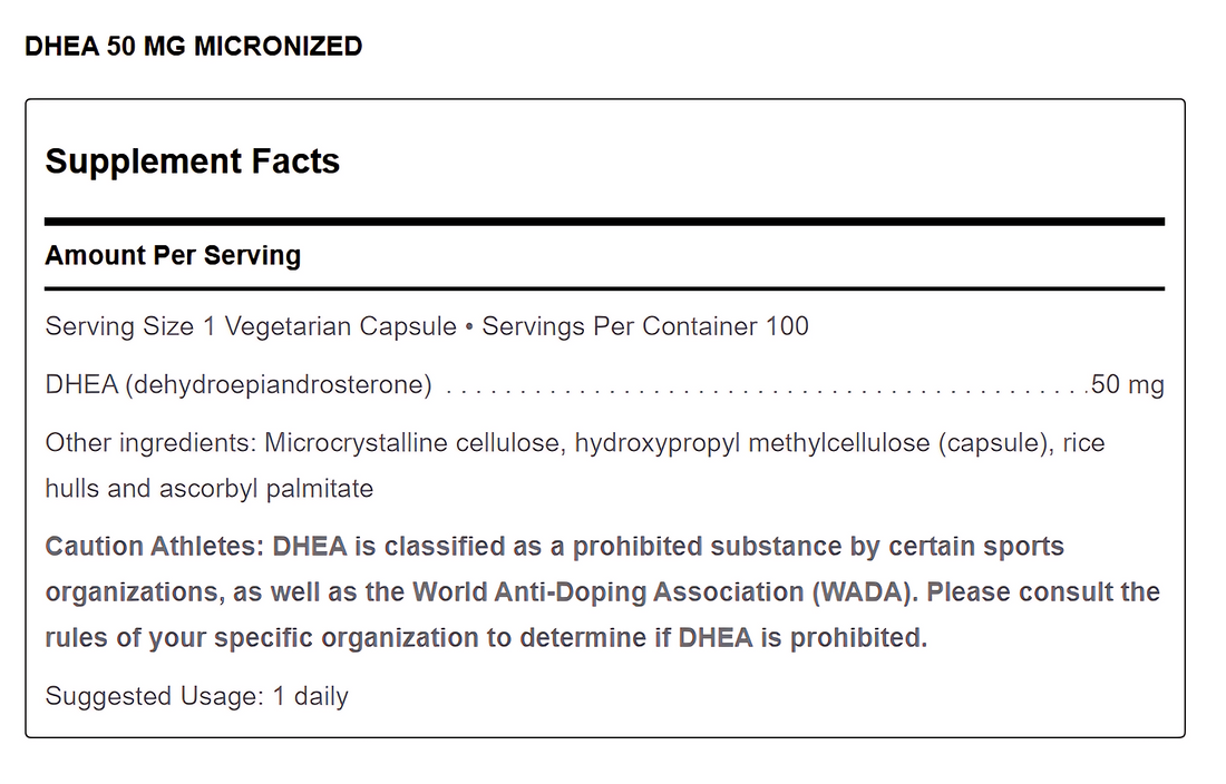 DHEA micronized capsules for supporting healthy hormone levels, produced under GMP standards. Contains 50 mg of high-purity DHEA per capsule, with vegan ingredients including microcrystalline cellulose and rice hulls. 