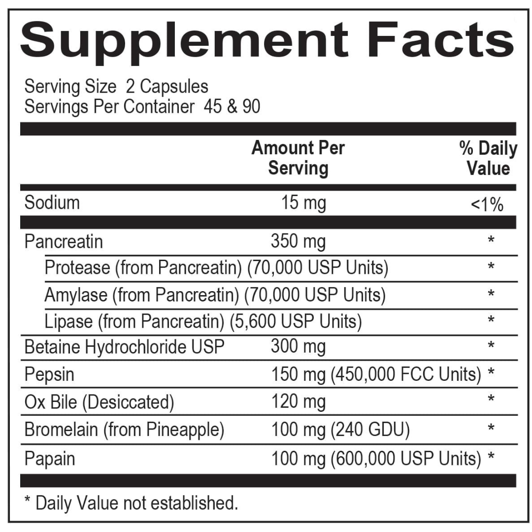 A detailed label displaying the supplement facts for Digestive Enzymes Pro, including the list of active enzymes like amylase, protease, and lipase, along with their respective quantities per serving. It may also include additional ingredients and dosage recommendations.