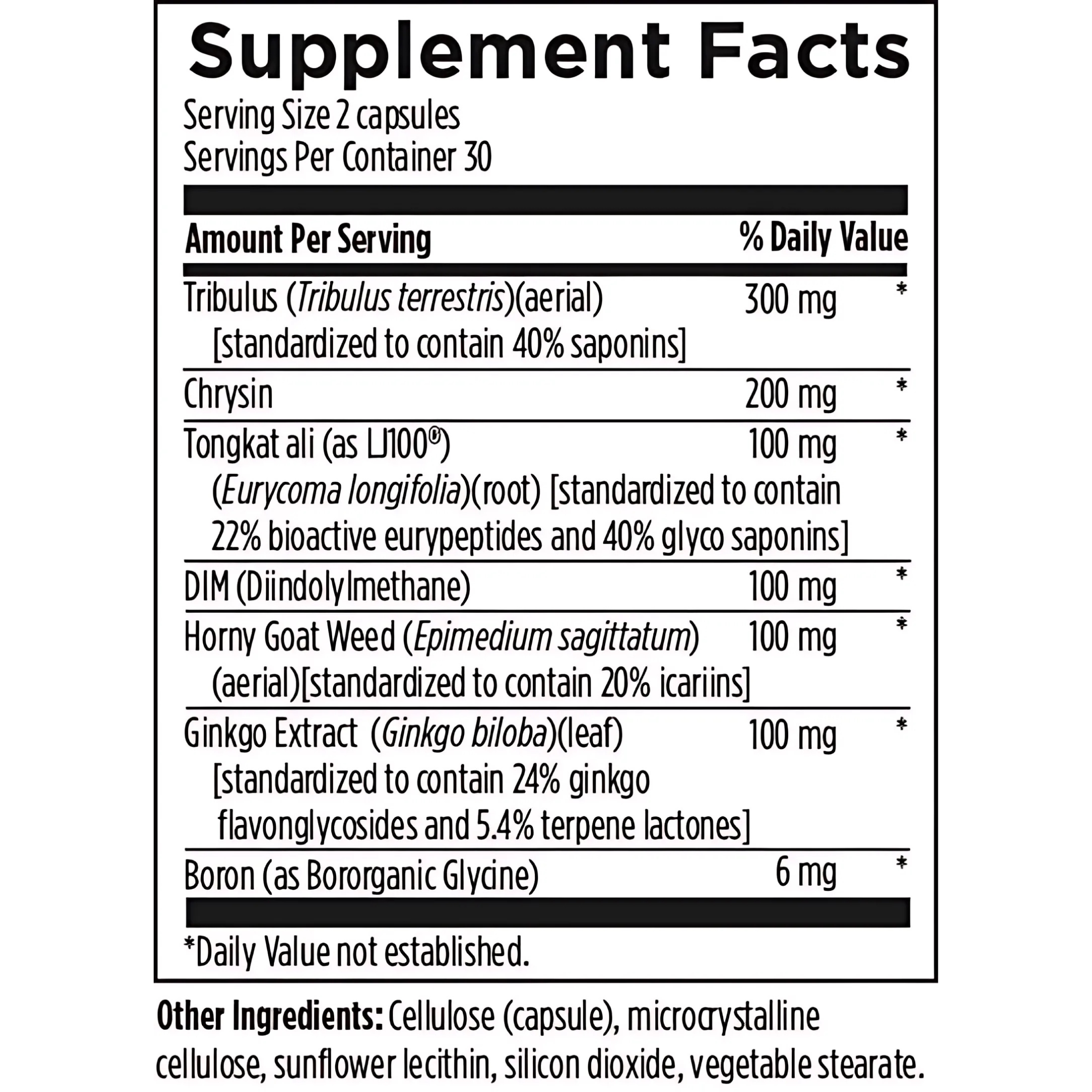 Supplement facts for Drive-M, featuring key ingredients to boost male energy, testosterone levels, and enhance physical performance.