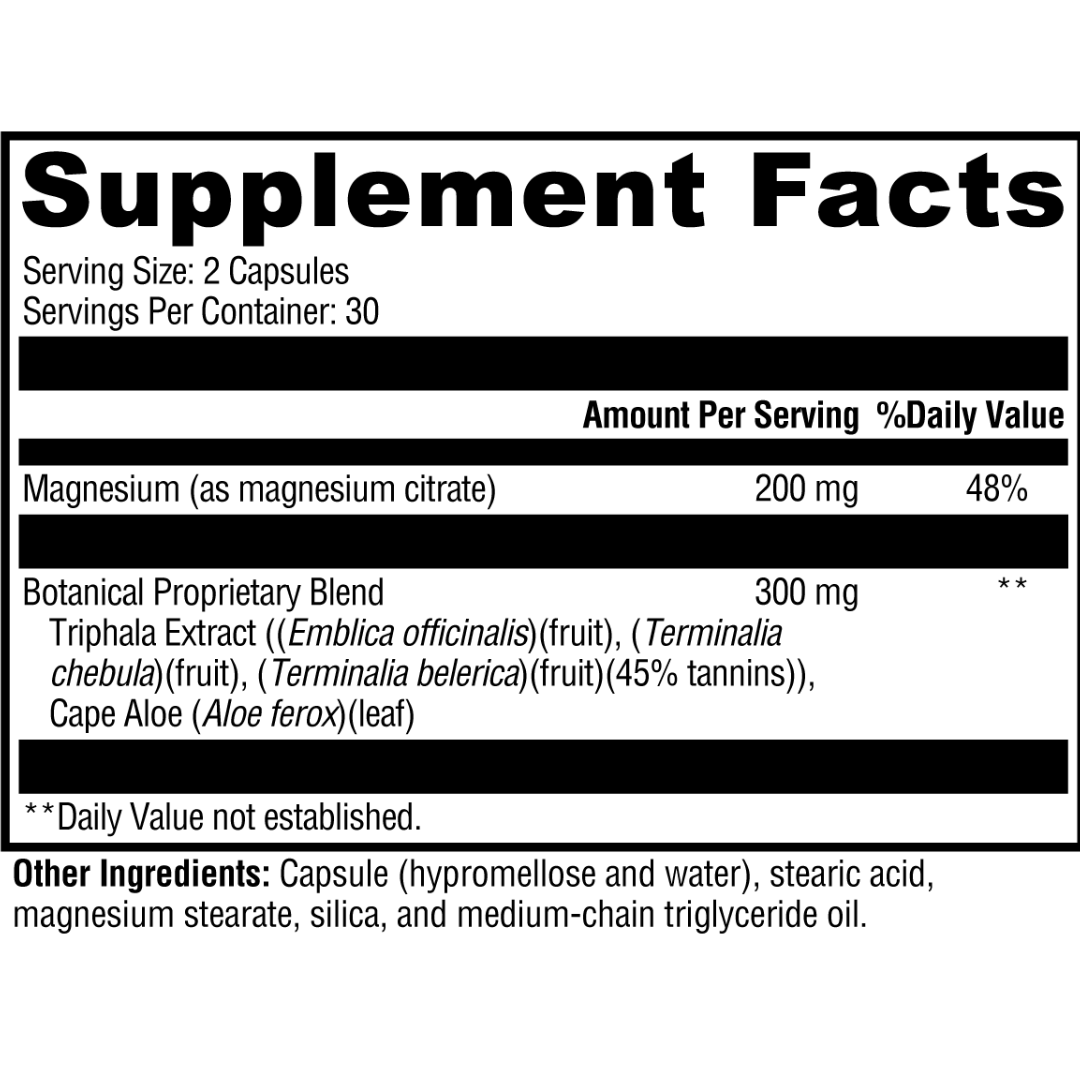 A detailed label displaying the supplement facts for EZ Go Colon, including the specific ingredients like fiber, herbal extracts, and probiotics, along with their respective quantities per serving. The label may also include recommended dosage and additional supporting nutrients.