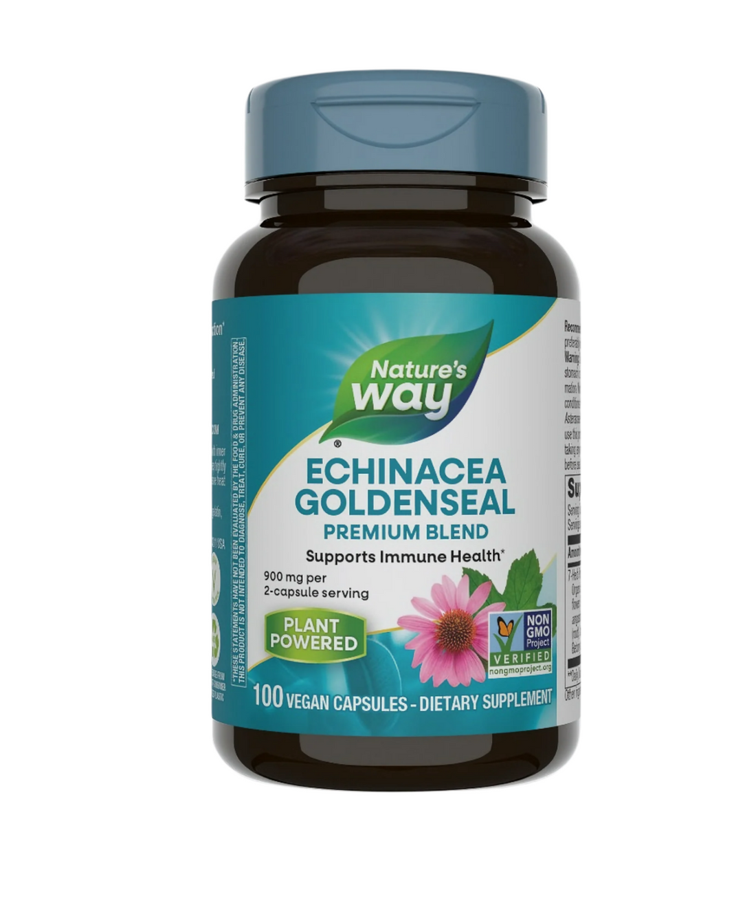 Nature’s Way Echinacea Goldenseal Premium Blend featuring a potent mix of immune-supporting botanicals. This herbal supplement includes Echinacea purpurea, Goldenseal root, and other natural ingredients to promote a healthy immune system. Ideal for those seeking holistic support to enhance overall wellness.