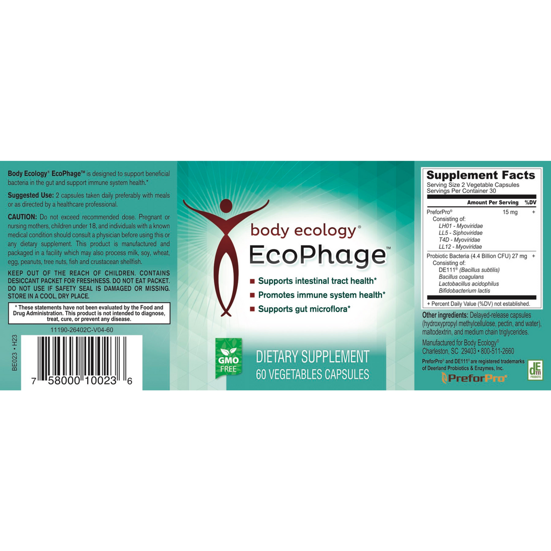 Ecophage 60ct dietary supplement bottle containing 60 capsules for digestive health, promoting gut balance and wellness.