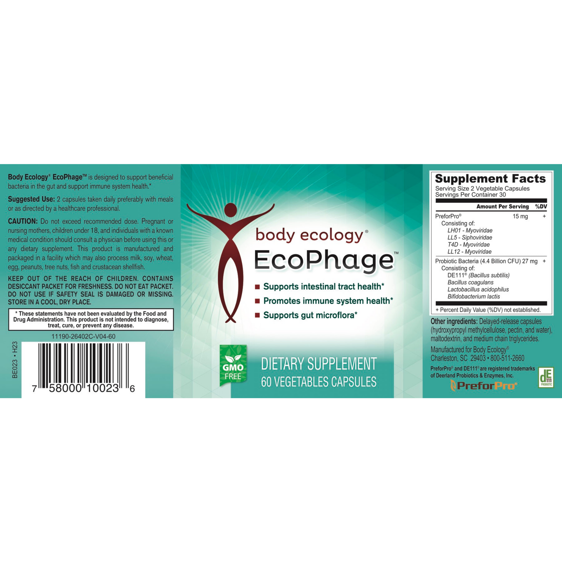 Supplement facts for Ecophage 60ct, featuring key ingredients and dosage instructions for supporting digestive health and overall wellness.