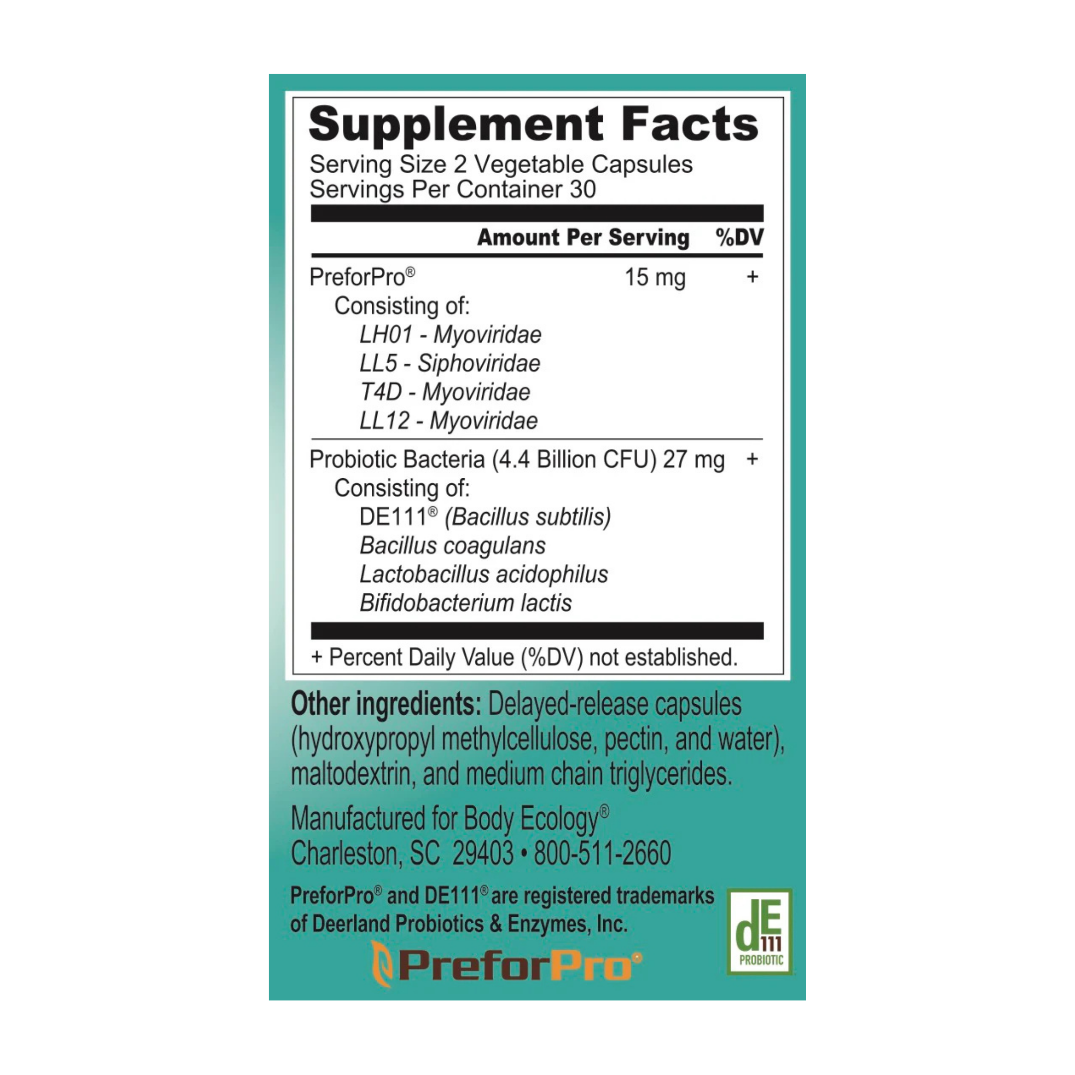 Supplement facts for Ecophage 60ct, featuring key ingredients and dosage instructions for supporting digestive health and overall wellness.