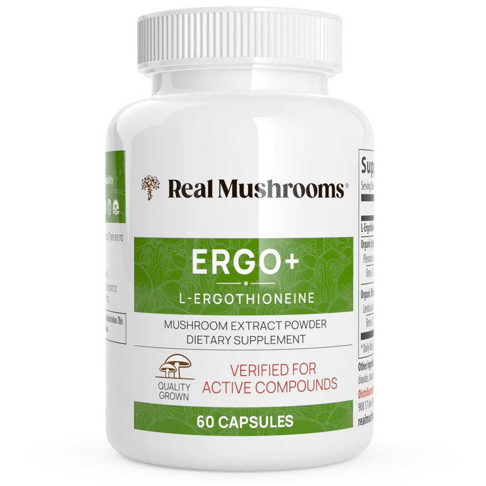 Ergo+ L- Ergothioneine Supplement – Premium antioxidant support sourced from golden oyster mushrooms. Vegan, Non-GMO, gluten-free, and third-party tested for quality.
