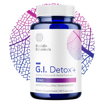 G.I. Detox+® dietary supplement featuring a unique blend of zeolite, activated charcoal, and natural ingredients designed to support detoxification by binding and clearing toxins, mold metabolites, and unwanted microbial byproducts. Promotes comfort during cleansing, reduces bloating and gas, and enhances mental clarity.