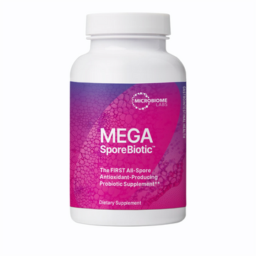 MegaSporeBiotic™ capsules, a broad-spectrum spore-based probiotic supporting gut health, featuring ingredients like Bacillus Licheniformis and Bacillus Indicus HU36™ for promoting microbial diversity and maintaining a healthy gut microbiome.