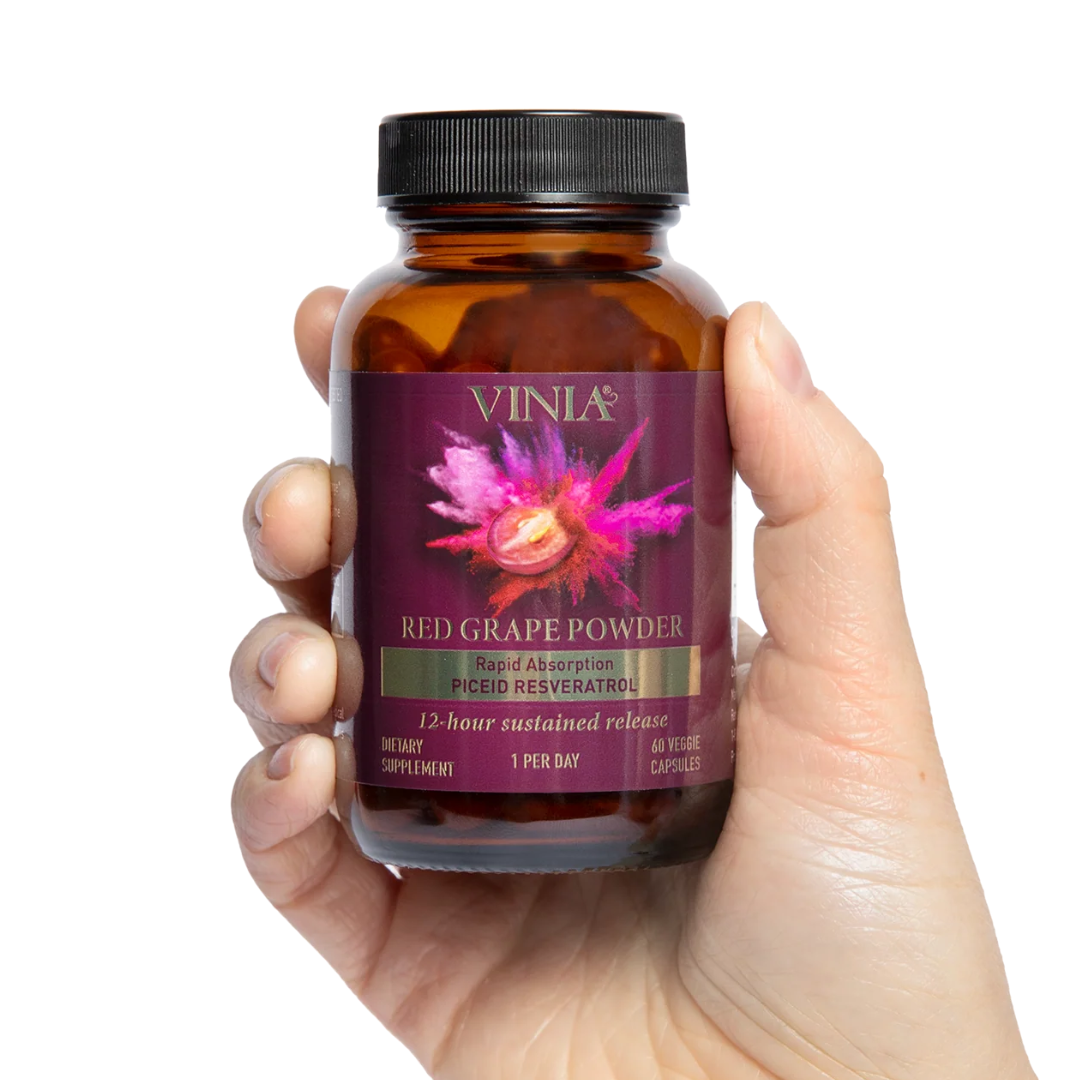 Vinia Piceid Resveratrol 60 capsules featuring rapid absorption technology from red grape cells, designed to enhance blood flow and bioavailability for improved cardiovascular health.