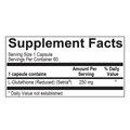 Supplement facts for Glutathione 60ct, featuring key ingredients that promote cellular health, detoxification, and immune support with glutathione.