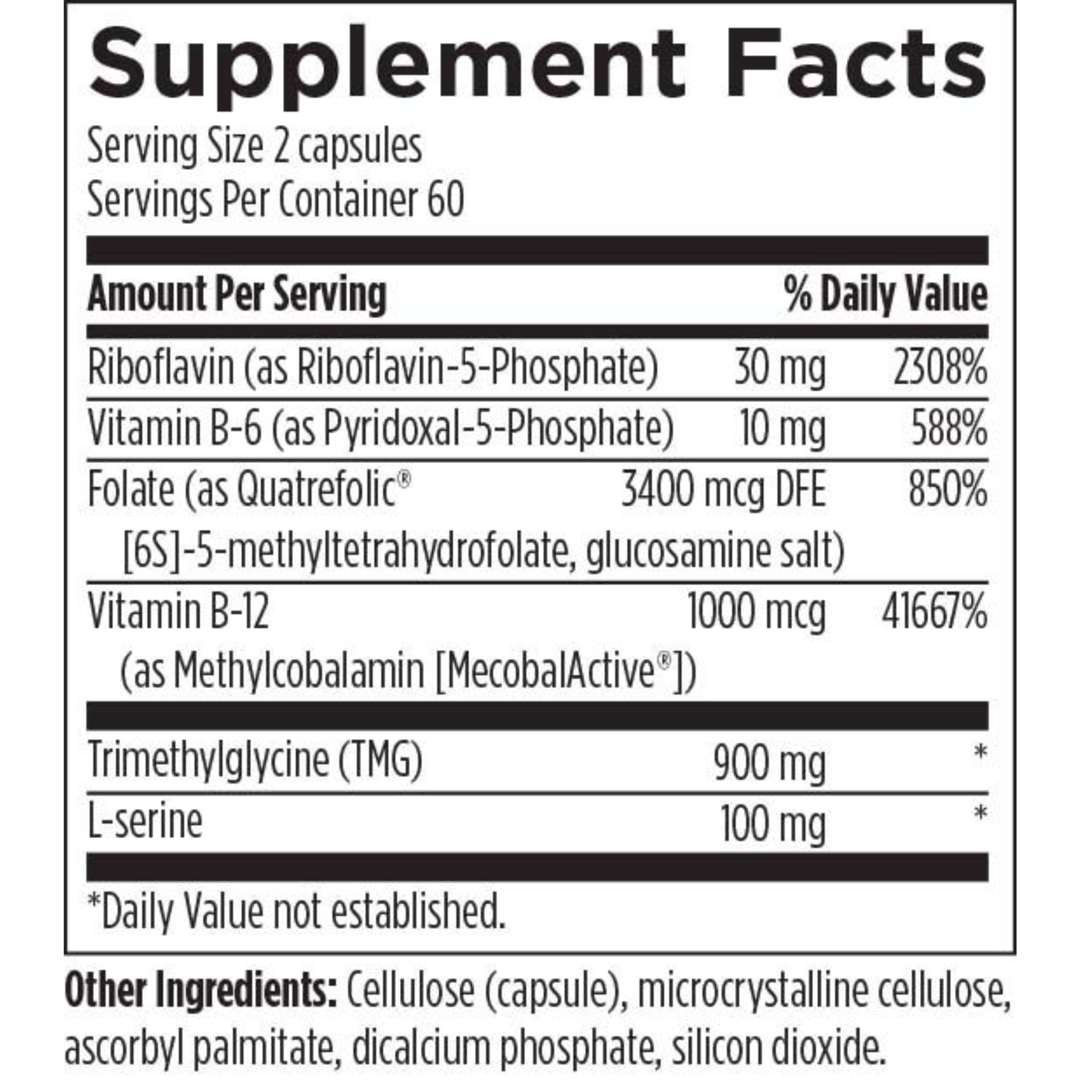 Supplement facts for Glutathione 60ct, featuring key ingredients that promote cellular health, detoxification, and immune support with glutathione.