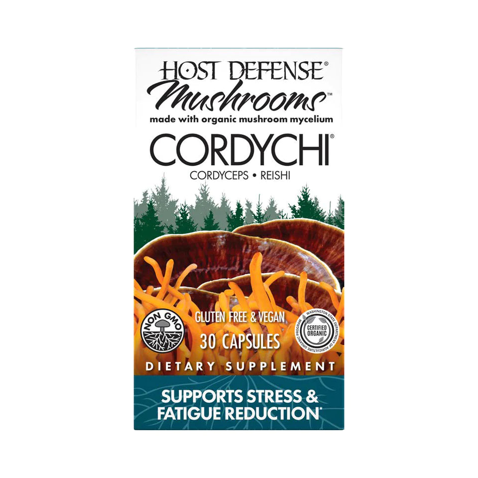 CordyChi® dietary supplement capsules featuring a blend of Cordyceps and Reishi mushrooms. Designed for adults with active lifestyles, this supplement supports energy levels, stress reduction, cardiovascular health, and immune response. 