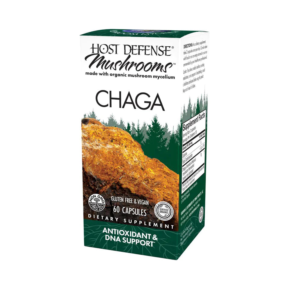 Chaga Mushroom dietary supplement bottle containing 60 capsules, designed to support antioxidant and DNA health while promoting a balanced immune response. Sustainably cultivated to preserve native fungi.